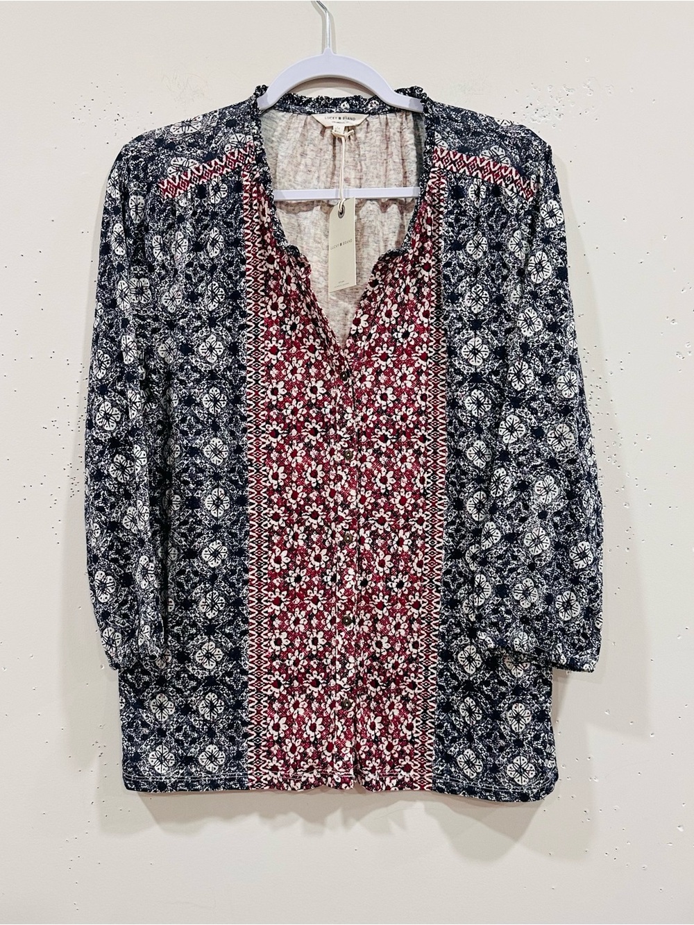 Lucky Brand Floral Tunic Blouse Womens M Button V-Neck 3/4 Sleeve NWT